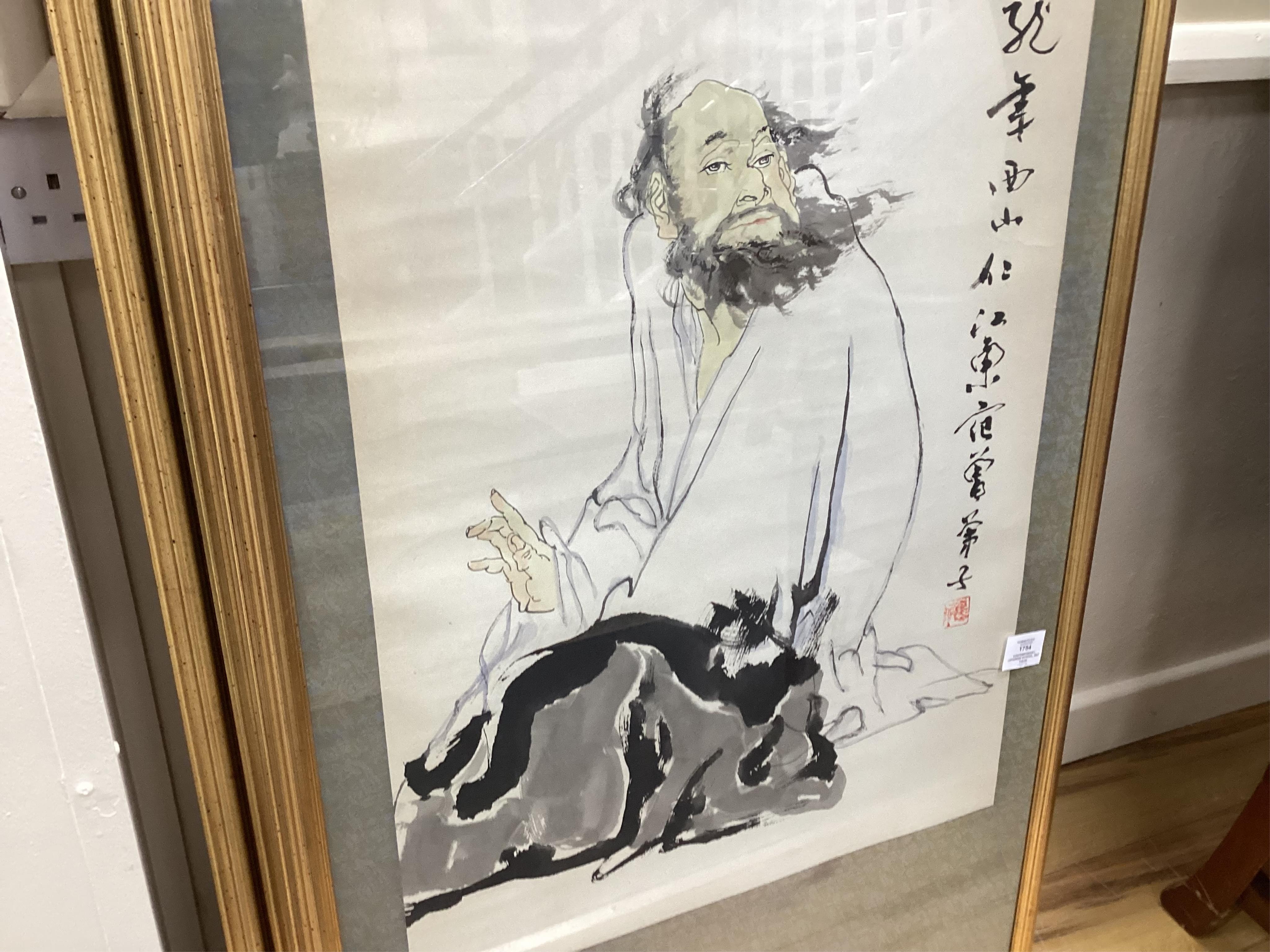 Contemporary, Japanese School, set of four figural scroll prints, with character and red seal marks, 94 x 51cm, framed